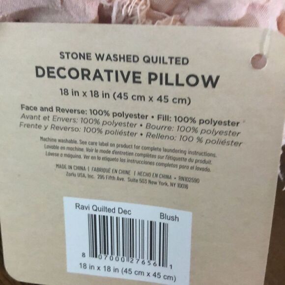 Brielle Home Ravi Stone Washed Quilted Decorative Throw Pillow, 18"x18", Blush - Picture 6 of 6